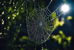 A spider web covered in dew droplets is suspended between branches, glistening in the sunlight with a blurred green background, subtly evoking dream interpretations of intricate pathways and connections.
