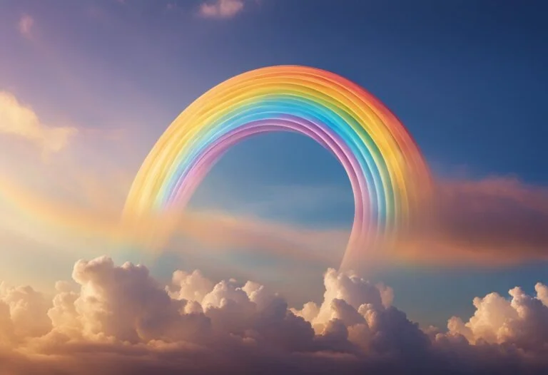 Dreaming About Rainbows: Meanings And Interpretations 13 A vibrant rainbow arcs over billowing clouds against a blue sky during sunset, evoking the whimsical feeling of dreaming about rainbows and their enchanting meanings.