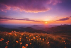 A vibrant sunset over rolling hills with a foreground of yellow wildflowers under a colorful sky, perfect for those dreaming of peaceful landscapes.