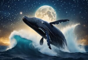 A whale breaches the ocean's surface under a starry sky with a full moon in the background, as if part of someone's dream about whales.