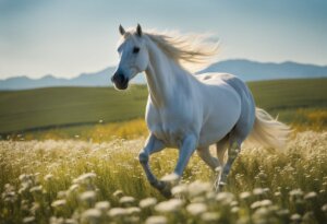 A white horse with a flowing mane runs through a field of wildflowers, mountains visible in the background, evoking the essence of dreaming about a white horse and its profound meanings and interpretations.