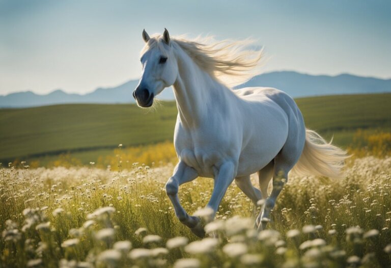 Dreaming About A White Horse: Meanings And Interpretations 11 A white horse with a flowing mane runs through a field of wildflowers, mountains visible in the background, evoking the essence of dreaming about a white horse and its profound meanings and interpretations.