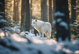 A white wolf stands in a snowy forest, surrounded by trees with light filtering through, embodying the mystique often found in White Wolf Interpretations.