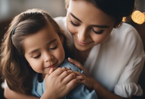A woman and a young girl with closed eyes share an affectionate moment, dreaming about breastfeeding. The woman is embracing the girl from behind, and both are smiling gently as they revel in this serene bond.