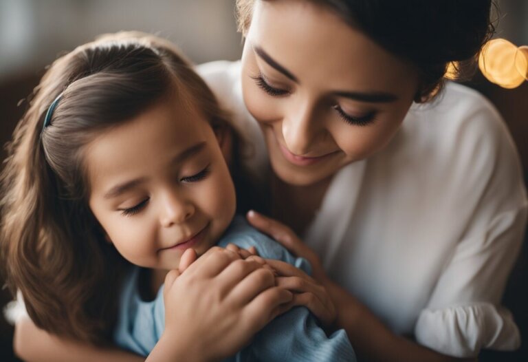 Dreaming About Breastfeeding: Meanings And Interpretations 10 A woman and a young girl with closed eyes share an affectionate moment, dreaming about breastfeeding. The woman is embracing the girl from behind, and both are smiling gently as they revel in this serene bond.