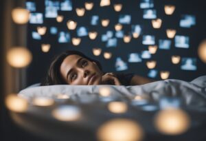 A woman lying in bed, dreaming about someone repeatedly, with glowing heart-shaped bokeh lights floating in a dark room.