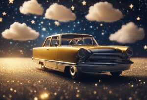 A yellow vintage toy car is placed on a glittery surface with a backdrop of clouds and stars, sparking interpretations and dreamy meanings about a new car.