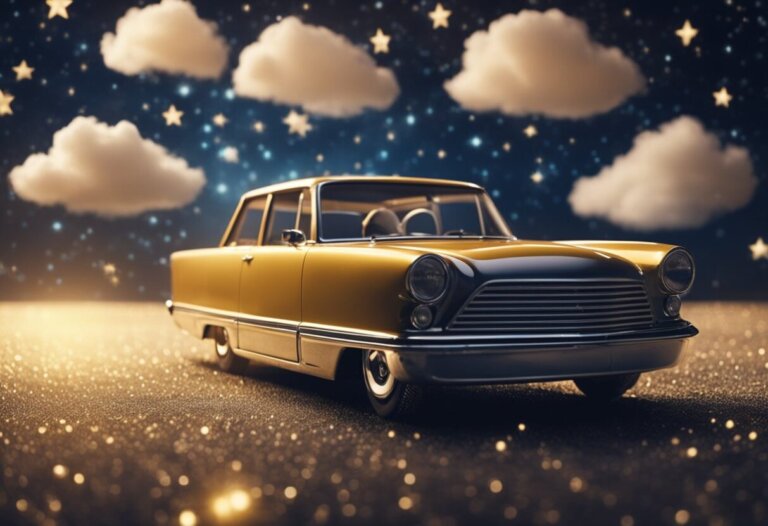 Dreaming About A New Car: Meanings And Interpretations 13 A yellow vintage toy car is placed on a glittery surface with a backdrop of clouds and stars, sparking interpretations and dreamy meanings about a new car.