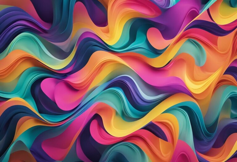Dreaming About Colours: Meanings And Interpretations 14 An abstract image featuring vibrant, multicolored wave-like patterns in shades of purple, pink, orange, yellow, turquoise, and teal creates a dynamic, flowing effect that invites interpretations of dreams.