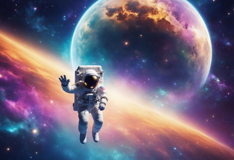 Dreaming About Outer Space: Meanings And Interpretations 13 Astronaut floating in space, dreaming about outer space with a large planet in the background, surrounded by colorful cosmic clouds and stars.