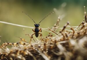 Close-up of a black and yellow beetle with long antennae navigating through dry grass blades, often seen in dream interpretations about bugs.
