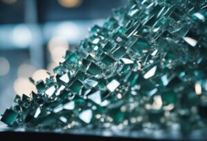 Close-up of a geometric structure made of numerous small, greenish glass-like cubes, arranged in a lattice pattern. The background is blurry with bokeh light effects, adding an almost dream interpretation quality to the scene.