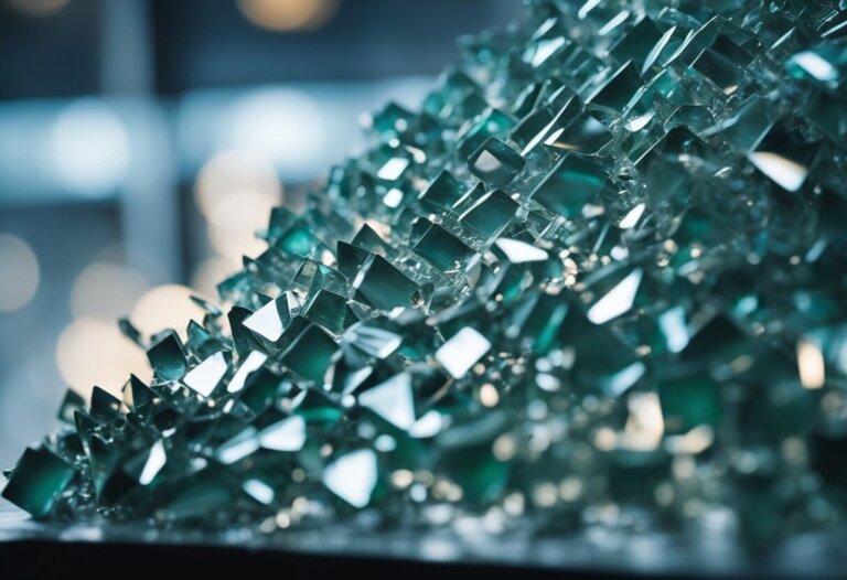 Dreaming About Glass Breaking: Meanings And Interpretations 15 Close-up of a geometric structure made of numerous small, greenish glass-like cubes, arranged in a lattice pattern. The background is blurry with bokeh light effects, adding an almost dream interpretation quality to the scene.