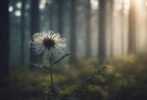 Close-up of a white dandelion-like flower with intricate petals, set against a misty forest background with sunlight streaming through the trees, evoking an ethereal scene ripe for interpretations and meanings.