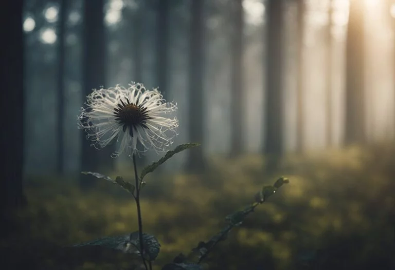 Dreaming About My Sister Dying: Meanings And Interpretations 9 Close-up of a white dandelion-like flower with intricate petals, set against a misty forest background with sunlight streaming through the trees, evoking an ethereal scene ripe for interpretations and meanings.