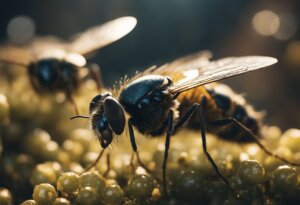 Close-up of two bees on a cluster of tiny yellow-green flowers, with one bee prominently in focus collecting nectar. The scene is bathed in warm light, inviting interpretations and meanings that go beyond the simple beauty of nature.