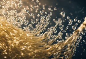 Golden strands submerged in water, with numerous small bubbles attached, create a wavy appearance against a dark background—like a scene from a washing hair dream often seen in dream interpretations.