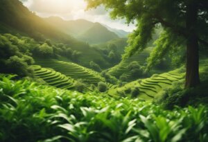 Terraced green rice fields stretch across rolling hills, surrounded by lush trees and illuminated by soft sunlight, with mountain peaks in the distance, offering serene interpretations of nature's beauty.