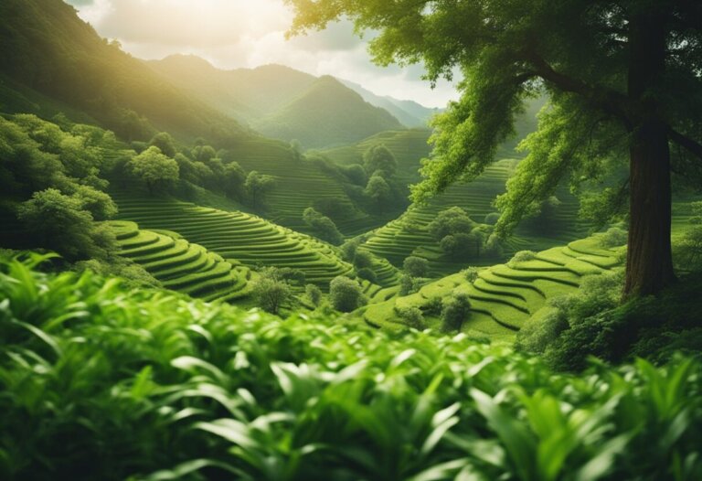 Dreaming About The Colour Green: Meanings And Interpretations 5 Terraced green rice fields stretch across rolling hills, surrounded by lush trees and illuminated by soft sunlight, with mountain peaks in the distance, offering serene interpretations of nature's beauty.