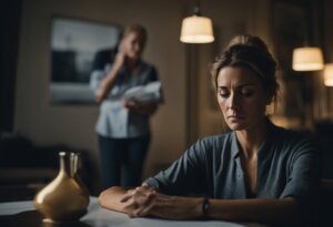 Two women in a dimly lit room; one sits at a table looking pensive, perhaps dreaming of different interpretations, while the other stands in the background talking on a phone and holding papers.