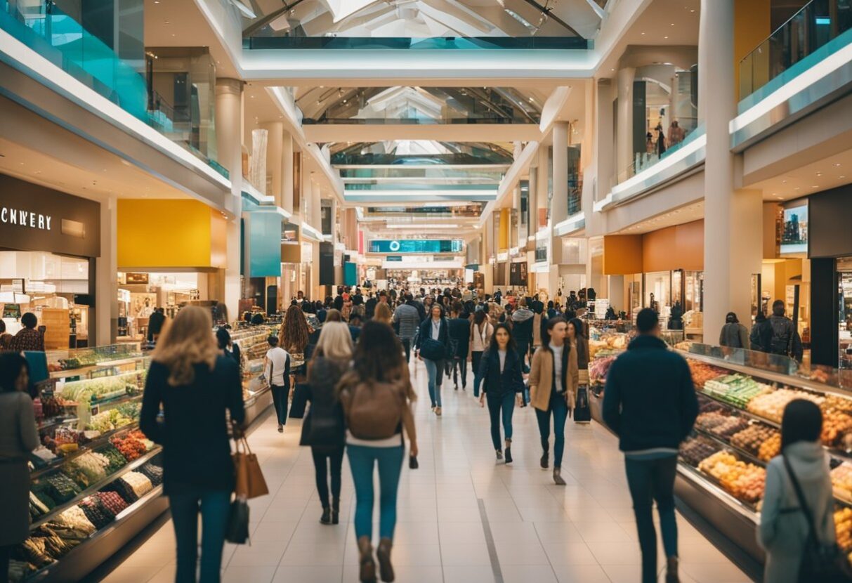 People strolling through a shopping mall, exploring the various offerings and potentially finding different interpretations and meanings within the shopping experience.