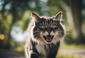 A mean cat walking down a path with its mouth open.