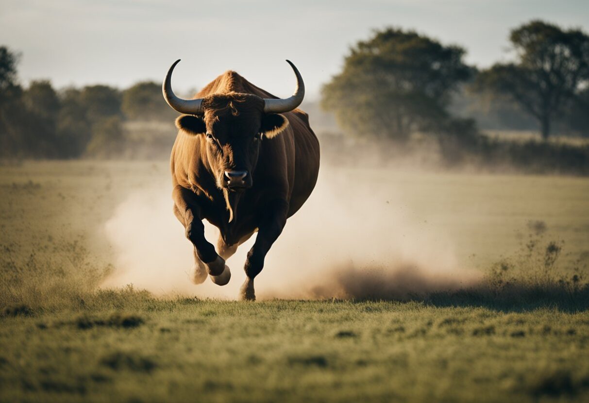 MYDREAMGUIDES.COM A bull running through a field with dust in the background, stirring interpretations of dreaming.
