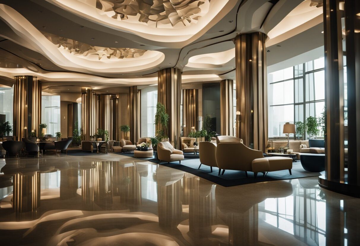 MYDREAMGUIDES.COM The lobby of a modern hotel offers various interpretations