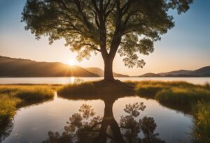 MYDREAMGUIDES.COM A lone tree in the middle of a lake at sunset, evoking a sense of dreaming and reflection on the meanings of life, perhaps reminding one of a dear and departed grandfather.
