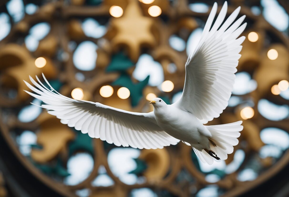 MYDREAMGUIDES.COM A white dove gracefully flies in front of a lovely Christmas tree, symbolizing the peaceful meanings associated with this beautiful white bird.