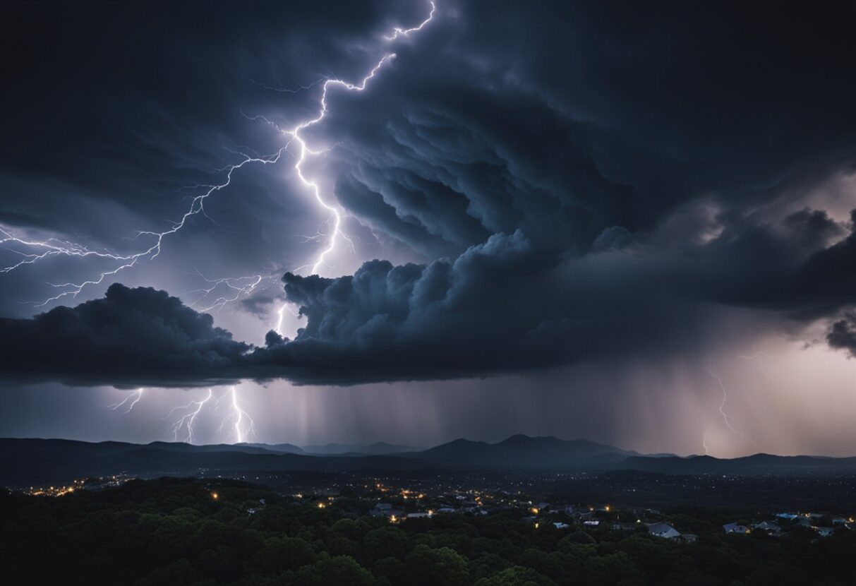 MYDREAMGUIDES.COM Lightning strikes over a city with mountains in the background, evoking interpretations of power and intensity.