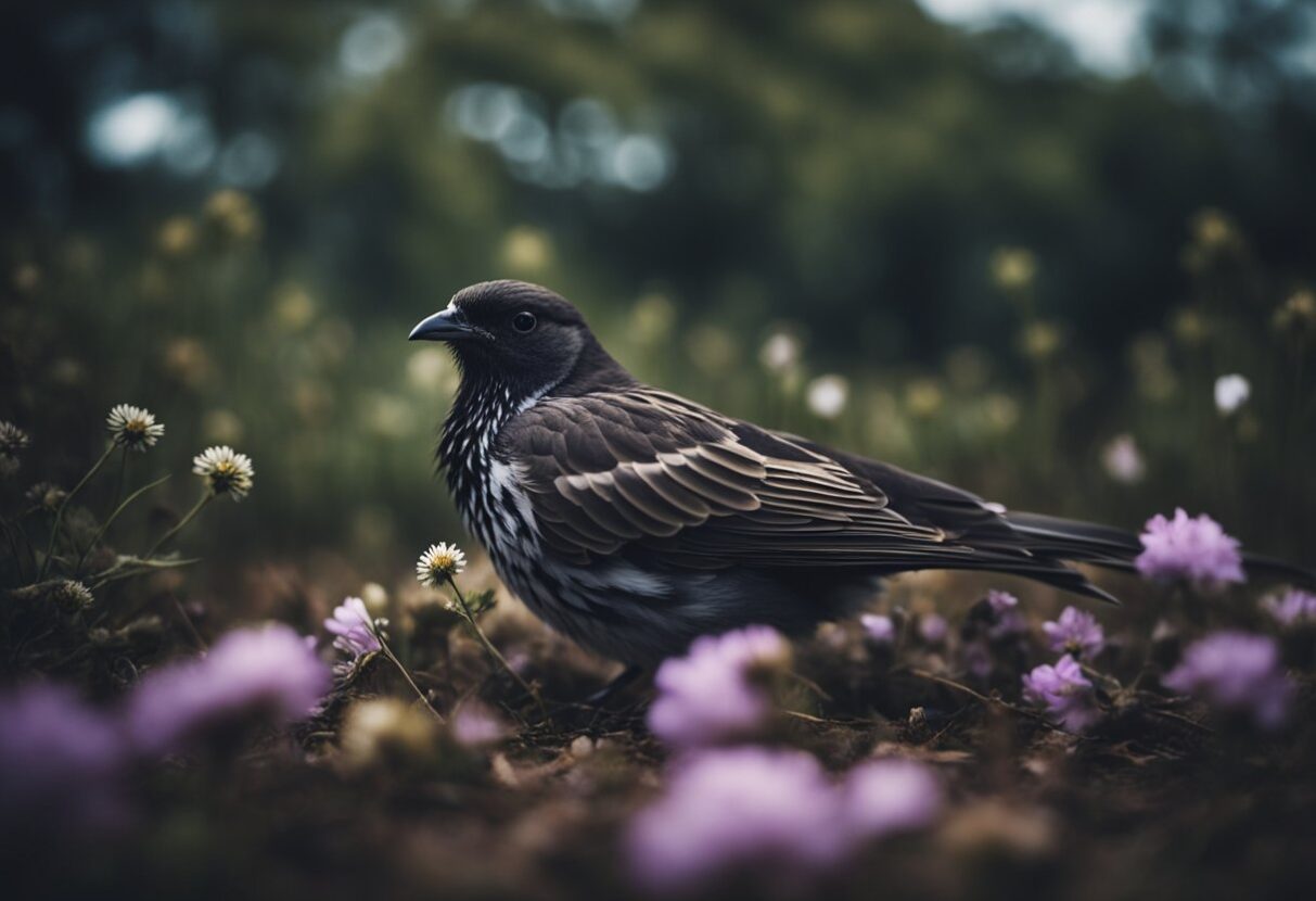 Dreaming About Dead Birds: Meanings And Interpretations 1 MYDREAMGUIDES.COM A bird peacefully standing in a vibrant field of flowers, seemingly lost in its own dreams.