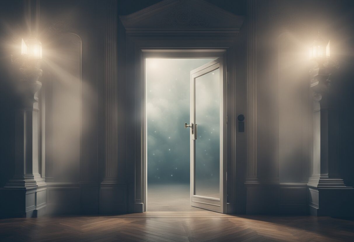 MYDREAMGUIDES.COM A dark room with an open door, inviting a person to step inside and explore its hidden meanings.