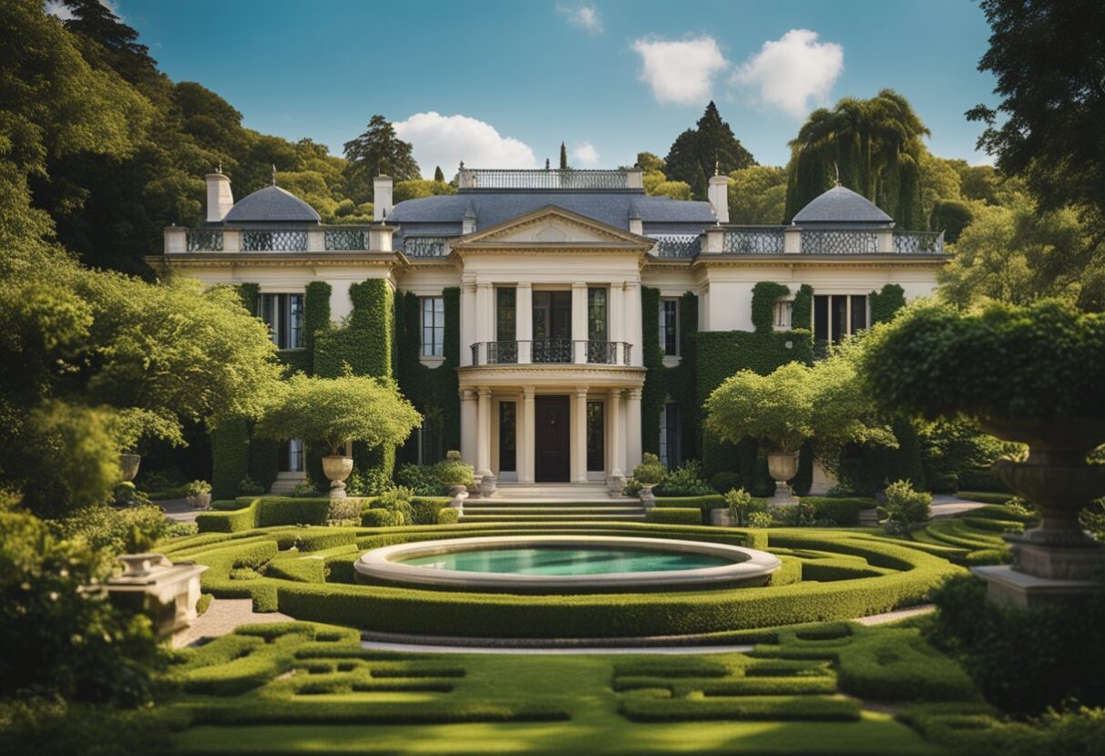 MYDREAMGUIDES.COM A sprawling mansion nestled amidst a picturesque garden.