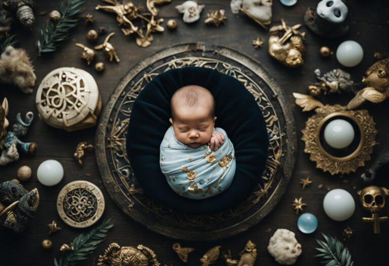 Dreaming About A Dead Baby: Meanings And Interpretations 15 MYDREAMGUIDES.COM A newborn baby is peacefully wrapped in a blue blanket, symbolizing hope, and surrounded by shimmering gold objects that evoke feelings of abundance and prosperity.