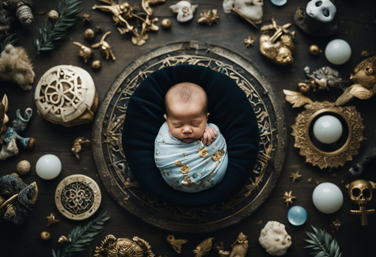 MYDREAMGUIDES.COM A newborn baby is peacefully wrapped in a blue blanket, symbolizing hope, and surrounded by shimmering gold objects that evoke feelings of abundance and prosperity.