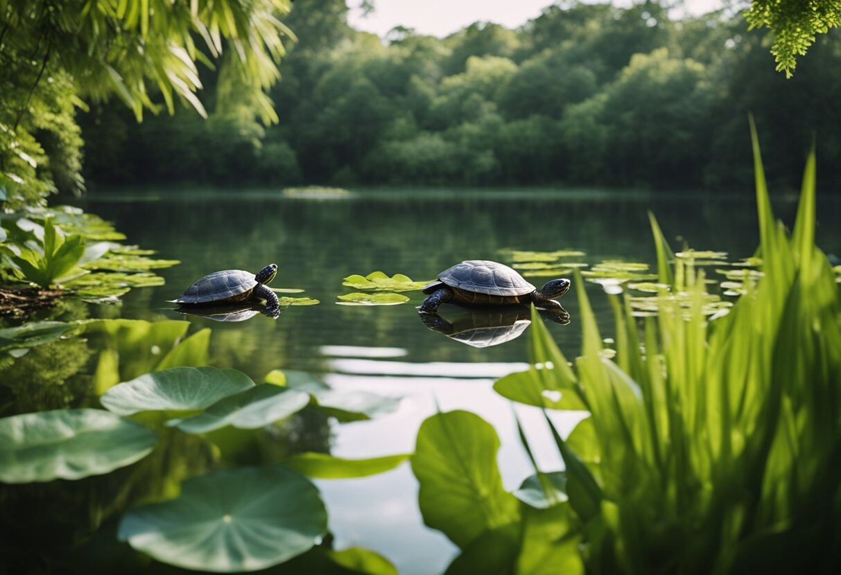 MYDREAMGUIDES.COM Two turtles swimming peacefully in a pond with lily pads, perhaps envisioning their dreams and contemplating the deeper meanings of the tranquil surroundings.