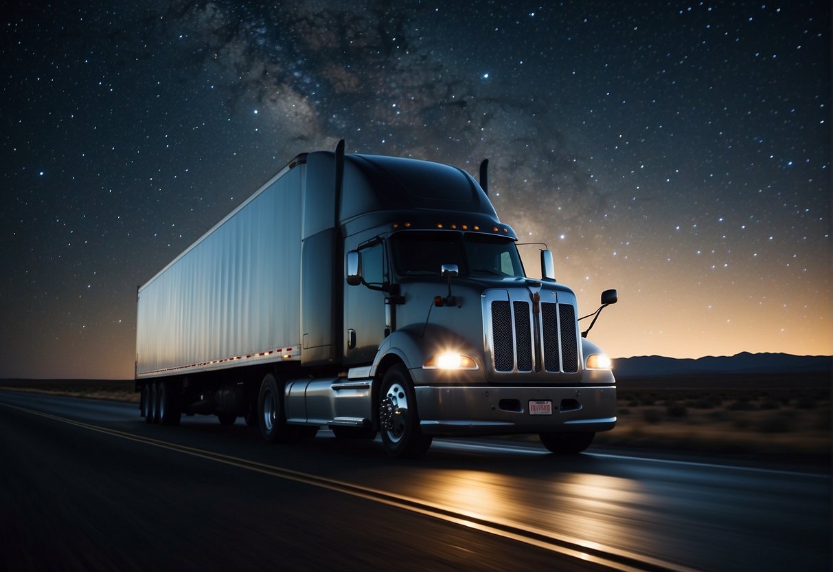 A semi truck driving down the road at night, with its profound presence embodying multiple interpretations and meanings.