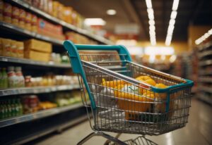 The shopping cart in the aisle of a grocery store.