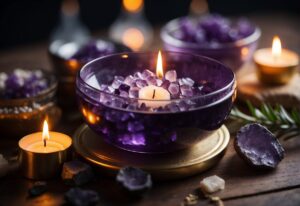 Amethyst crystals and candles adorn the rustic wooden table, inviting interpretation and exploring the profound meanings associated with amethyst.