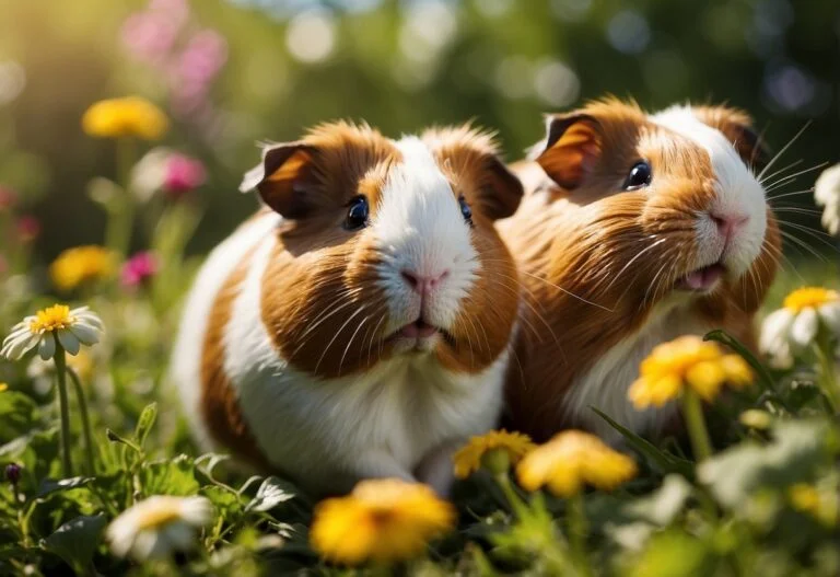 Dreaming About Guinea Pigs: Meanings and Interpretation 10 Two guinea pigs peacefully standing in a field of daisies, seemingly dreaming.