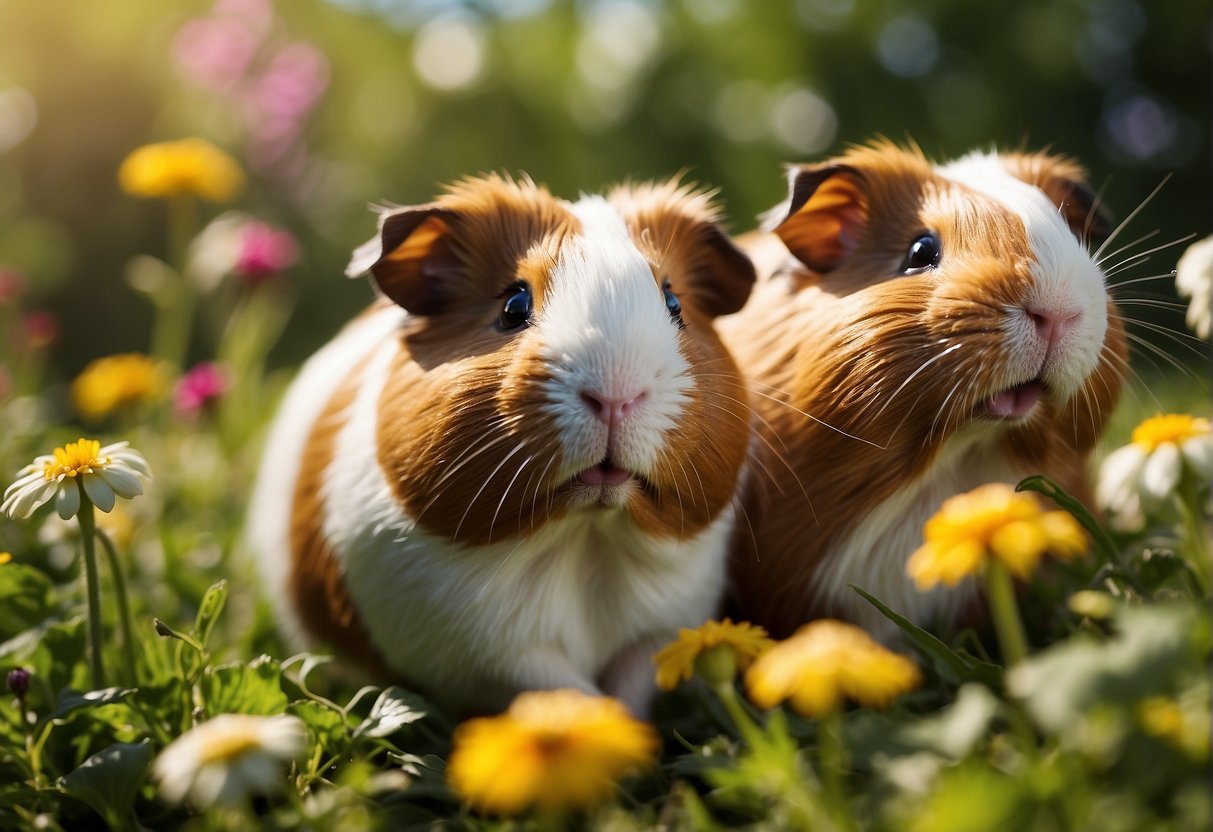 Two guinea pigs peacefully standing in a field of daisies, seemingly dreaming.