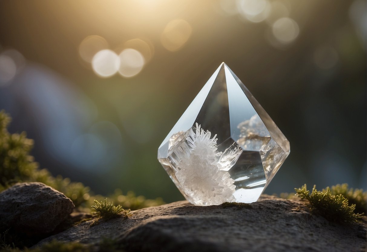 A quartz crystal is sitting on top of a rock with moss around it, carrying hidden meanings waiting for interpretation.