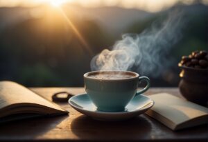 Dreaming About Coffee while holding an open book on a wooden table.