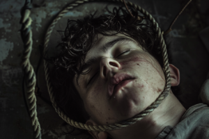 Close-up of a young person with dark curly hair lying on the ground, face slightly bruised, surrounded by a coarse rope, evoking images related to dream interpretation about being strangled.