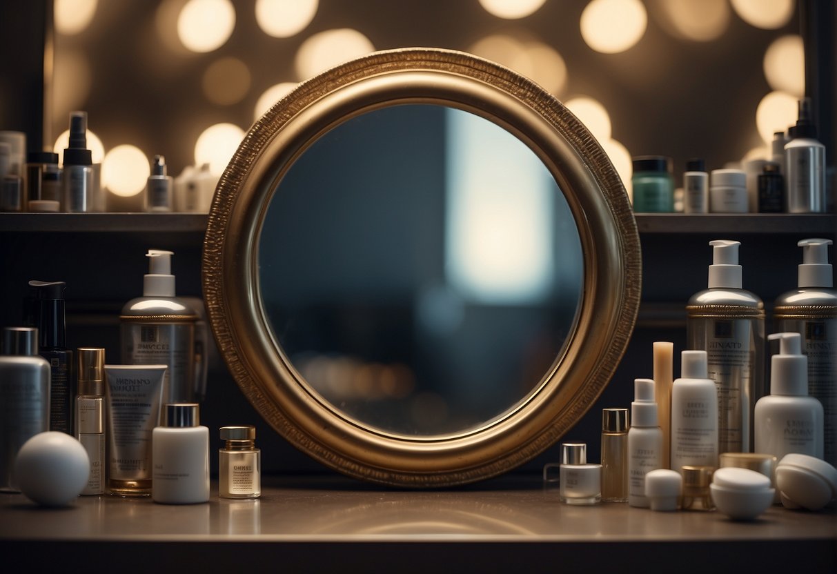 A mirror reflects a receding hairline, surrounded by anxiety-inducing symbols like fallen strands and empty hair care products