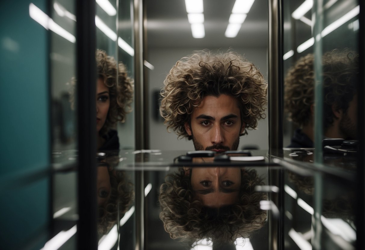 A person staring at their reflection in horror as their hair falls out in clumps, surrounded by broken mirrors and scattered hair products