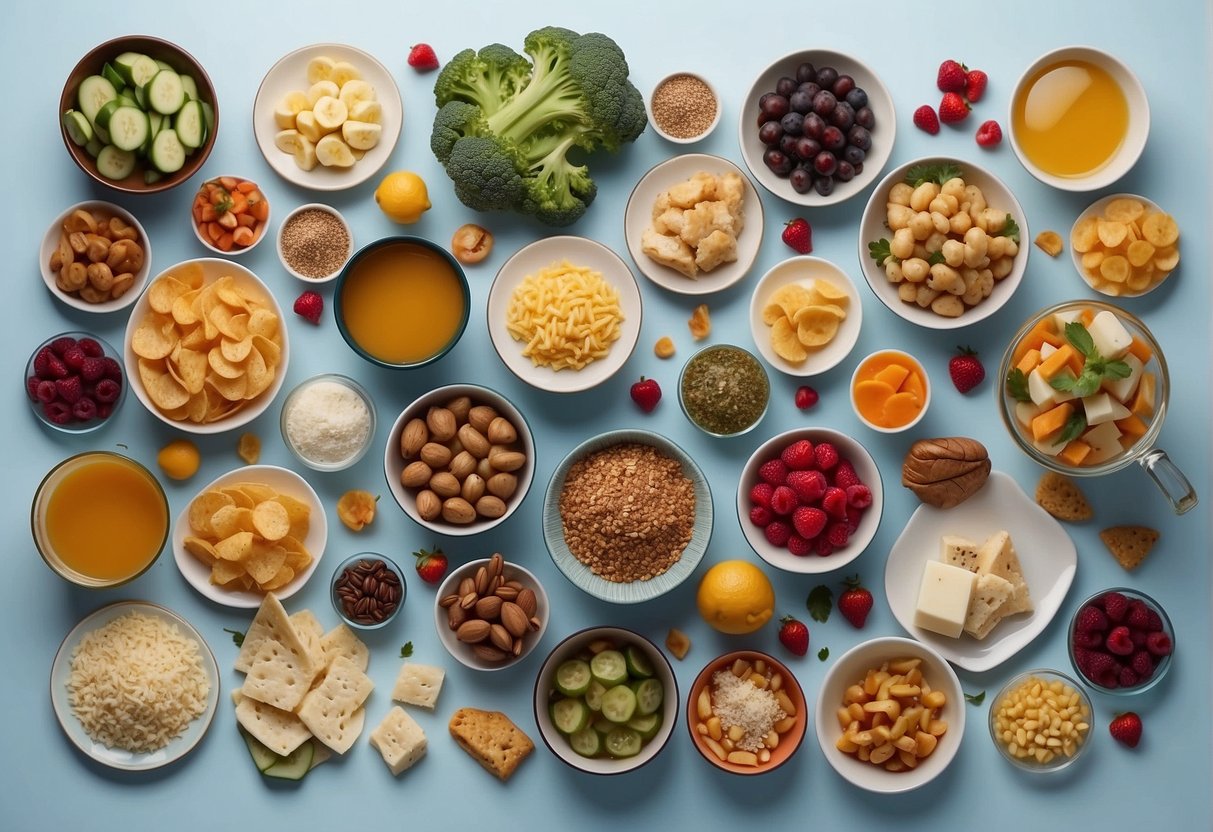 A table set with a variety of food items, each with symbolic meanings, surrounded by dream-like imagery