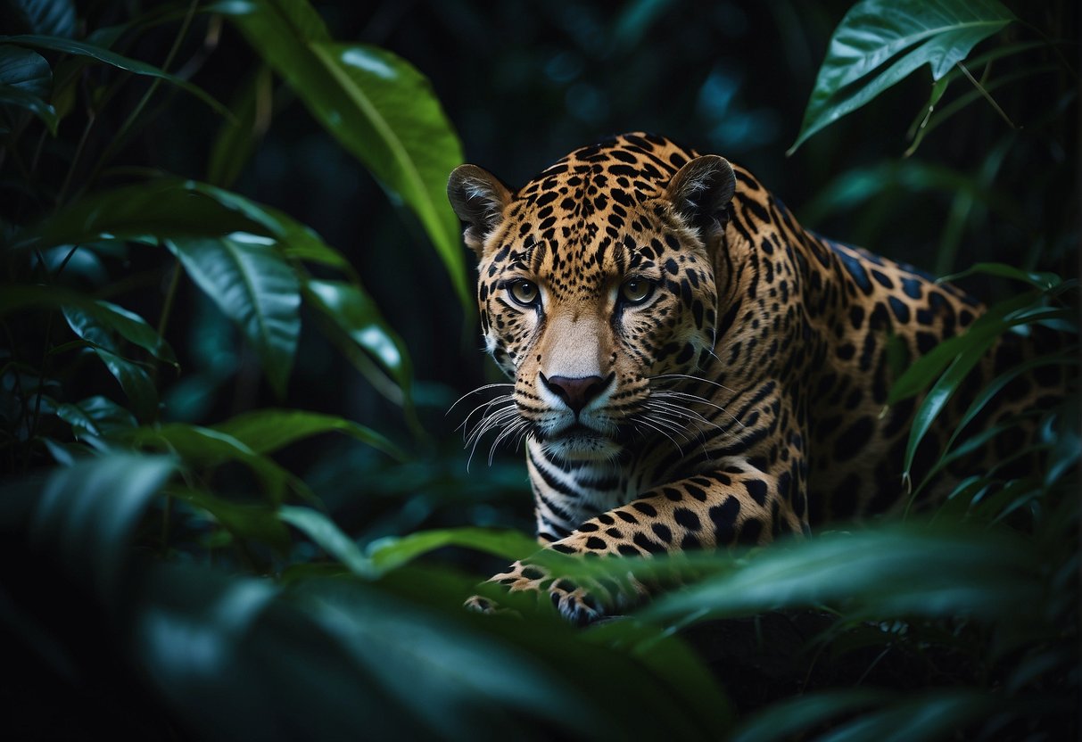 A jaguar prowls through a lush jungle at night, its sleek fur blending into the shadows as it moves with silent grace