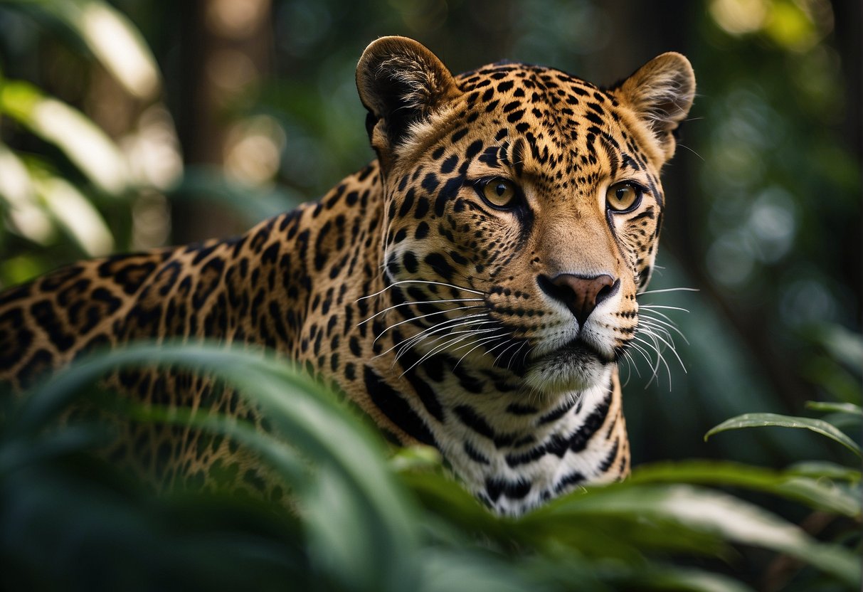 A sleek jaguar prowls through a dense jungle, its golden coat shimmering in the dappled sunlight. Its piercing eyes are fixed on something in the distance, exuding a sense of power and grace